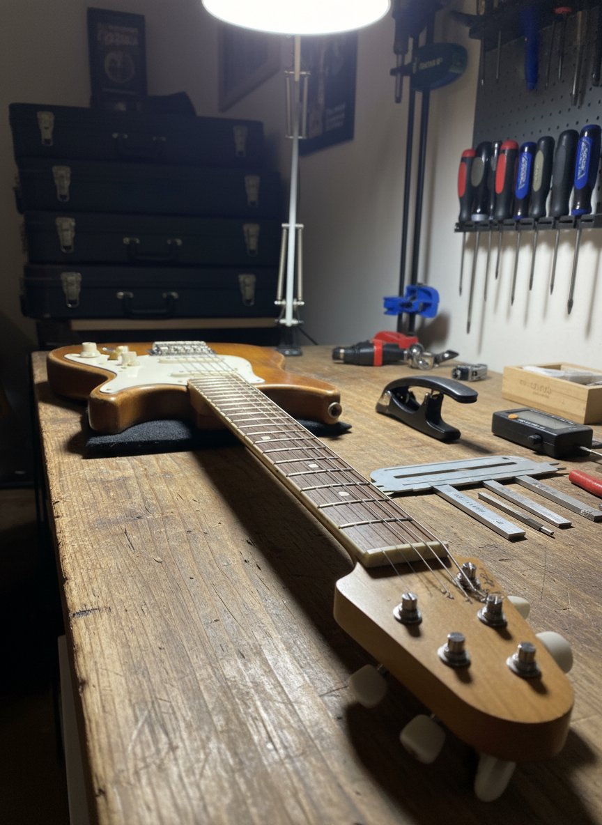 A photographic realism close-up of a guitar setup and repair station, featuring a well-used but orderly bench with a satin-finished electric guitar resting in a padded neck cradle. Precision feeler gauges, capo, nut files, and a digital action ruler are neatly laid out beside the fretboard, which shows freshly crowned and polished frets reflecting tiny highlights. Overhead neutral-white task lighting casts crisp yet soft-edged shadows, clearly revealing the fret ends, string spacing, and smooth rolled fingerboard edges. The background includes blurred cases of other instruments and a wall-mounted rack of screwdrivers and specialty luthier tools. Shot at a low, side angle along the fretboard with shallow depth of field, the mood is technical, methodical, and reassuring, emphasizing professional setup and repair services.