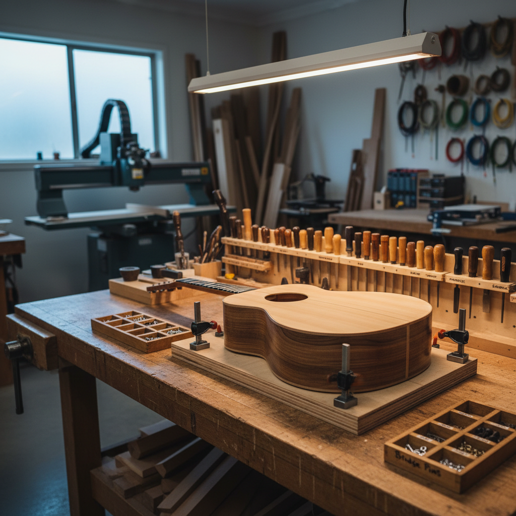 A panoramic photographic realism shot of a tidy luthier’s workshop focused on a sturdy central bench holding an in-progress acoustic guitar built from rich honey-colored Australian Blackwood back and sides and a pale Bunya top. The soundboard is clamped in a precise jig, surrounded by labeled trays of fretwire, tuners, and hand tools. Warm overhead LED shop lighting combines with a strip of cool daylight from a high side window, creating a balanced, neutral illumination with soft shadows along the bench. The composition uses rule of thirds, with the guitar slightly off-center and CNC machines, wood racks, and neatly coiled strings receding into a softly blurred background, conveying a professional, meticulous atmosphere.