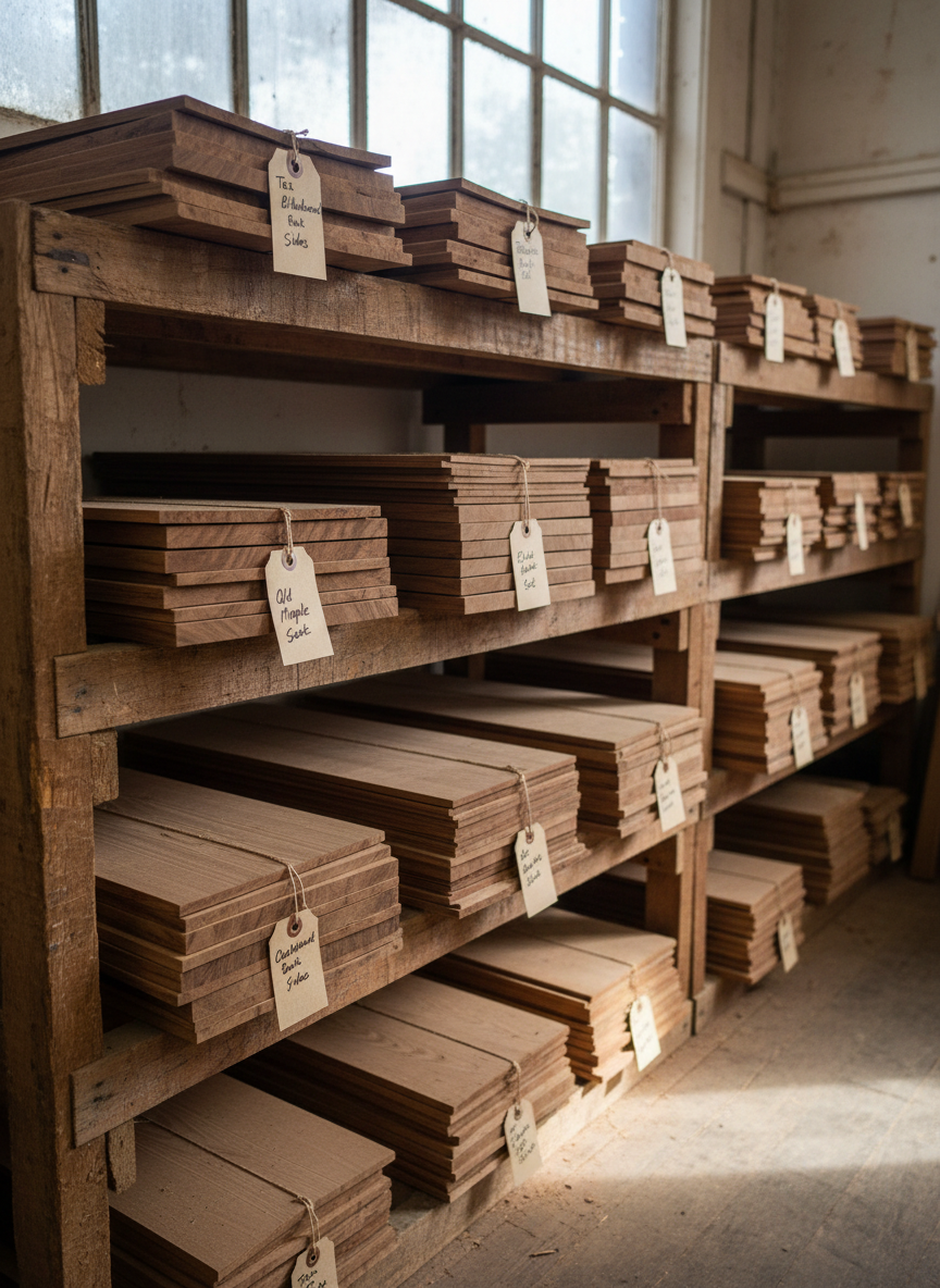 A detailed photographic realism image of stacked native Australian tonewood sets organized on heavy wooden shelving: bookmatched back and side sets of Tasmanian blackwood, Queensland maple, and silky oak, each labeled with handwritten tags. The planks show varied figure—flame, curl, and ribbon grain—against the warm, slightly worn texture of the shelving. Soft, indirect morning light enters from a high workshop window, skimming across the wood surfaces and accentuating grain patterns while casting long, gentle shadows on the floor. The camera is placed at shelf height, shooting down the length of the row with a medium depth of field so the nearest sets are crisp and the rest gradually blur into the distance. The atmosphere feels curated, artisanal, and quietly proud of local materials, ideal for highlighting tonewood choices.